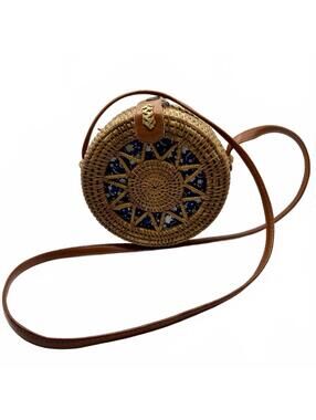 Round Rattan Wicker Crossbody Bag Boho Straw Purse Summer Festival Beach